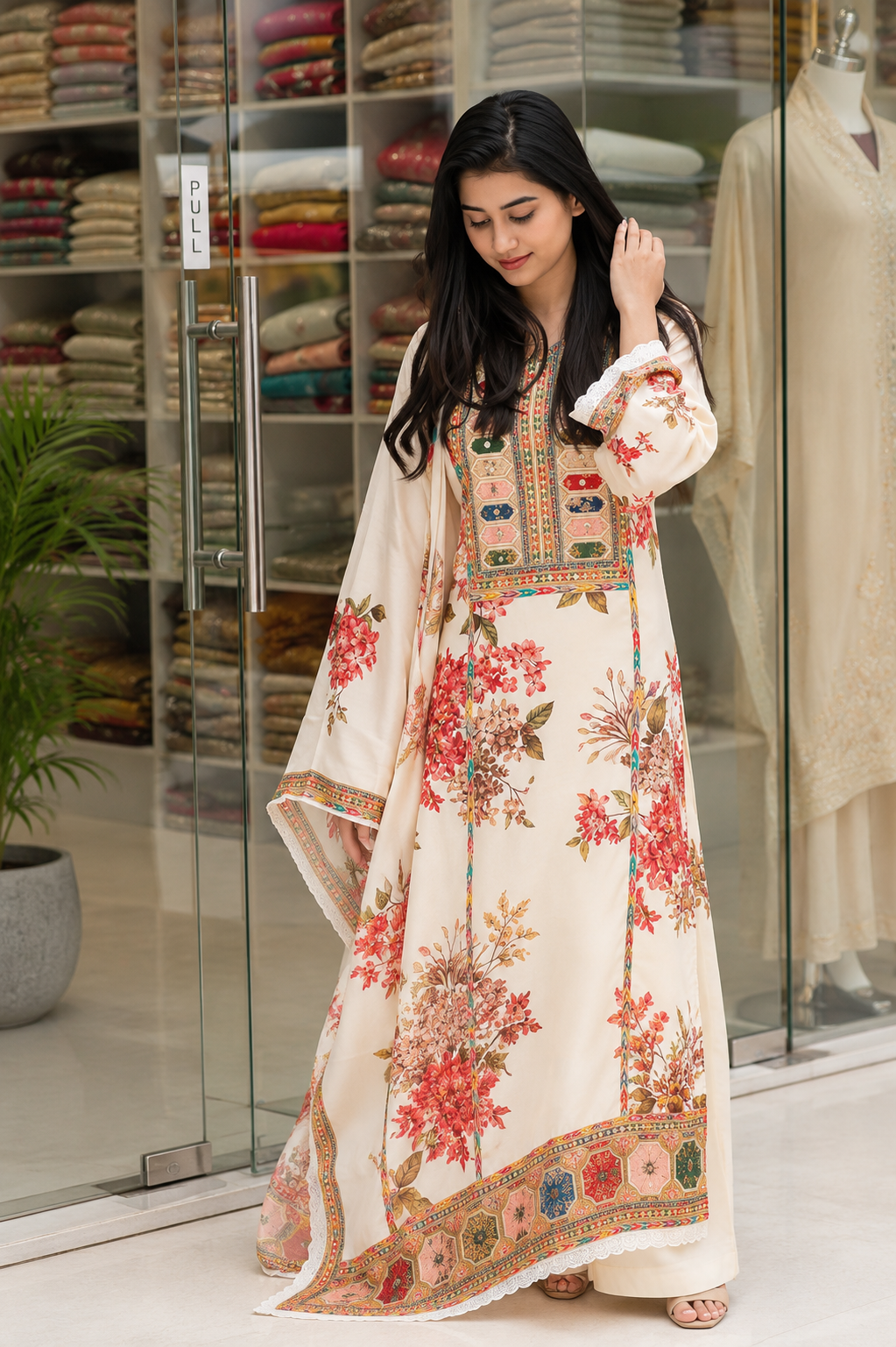 Very Attractive Floral Printed Muslin Suit Set with Sequin Embroidery Work