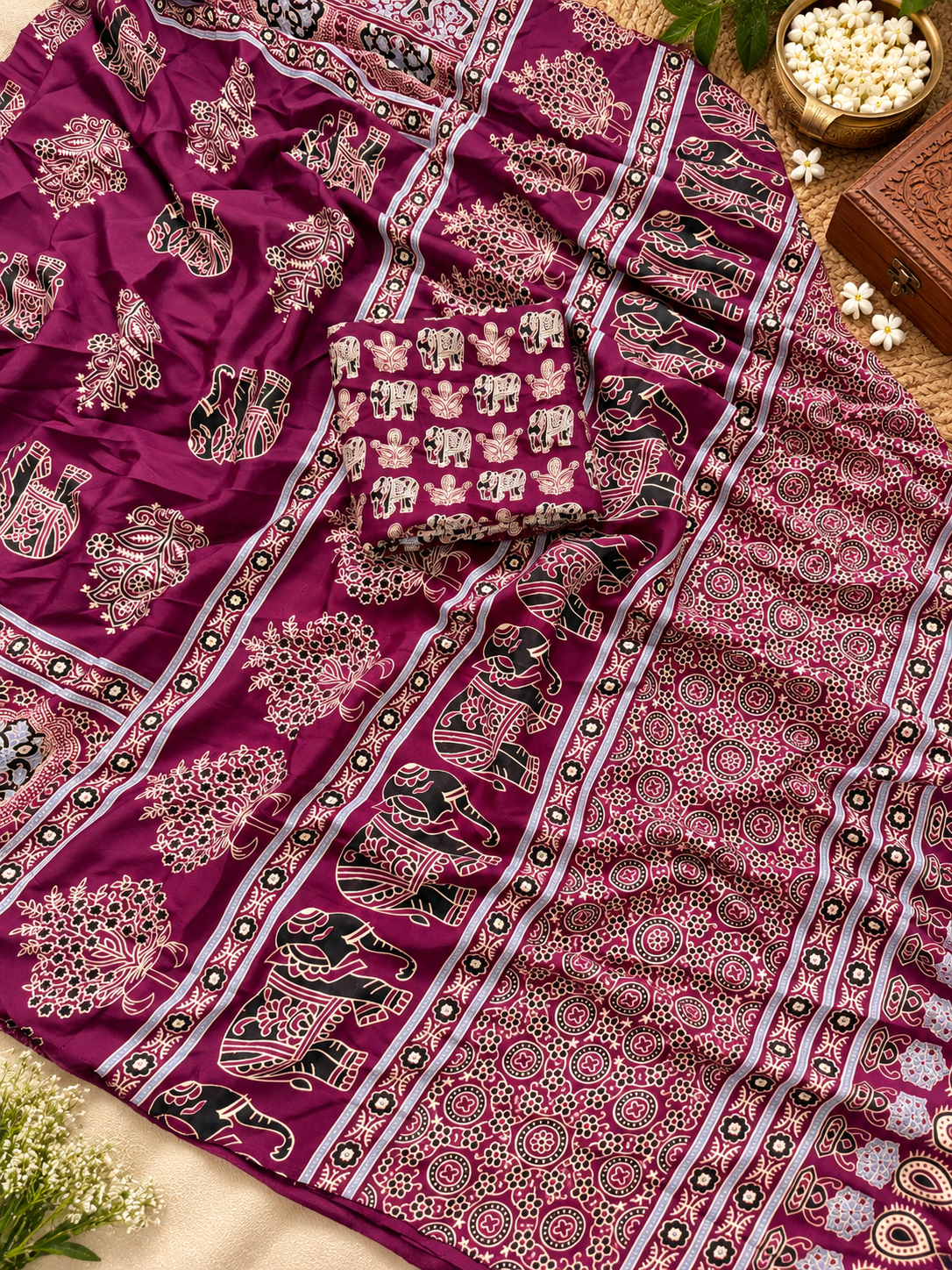 Premium Wine Purple Gajji Silk Saree with Traditional Ajrakh Print