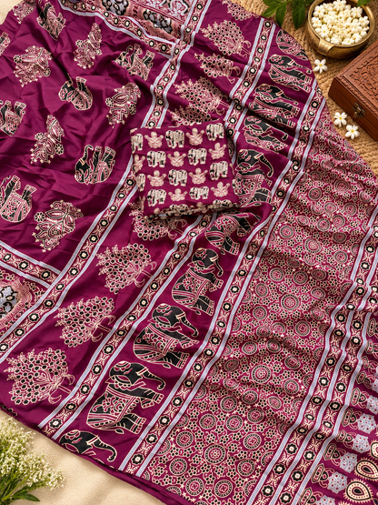 Premium Wine Purple Gajji Silk Saree with Traditional Ajrakh Print