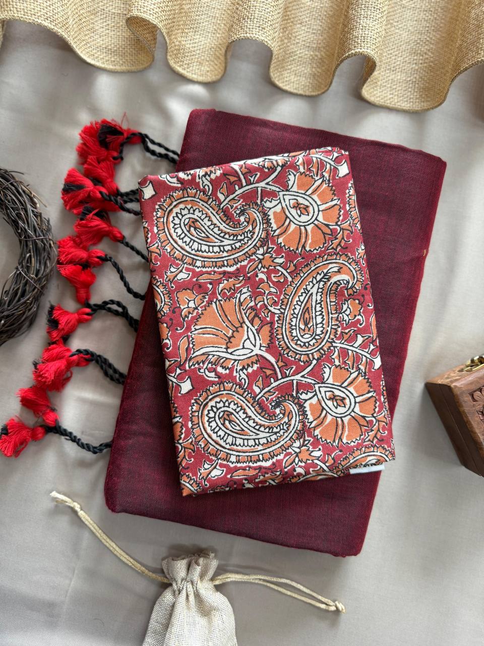 Maroon Handloom Cotton Saree With Mango Printed Blouse