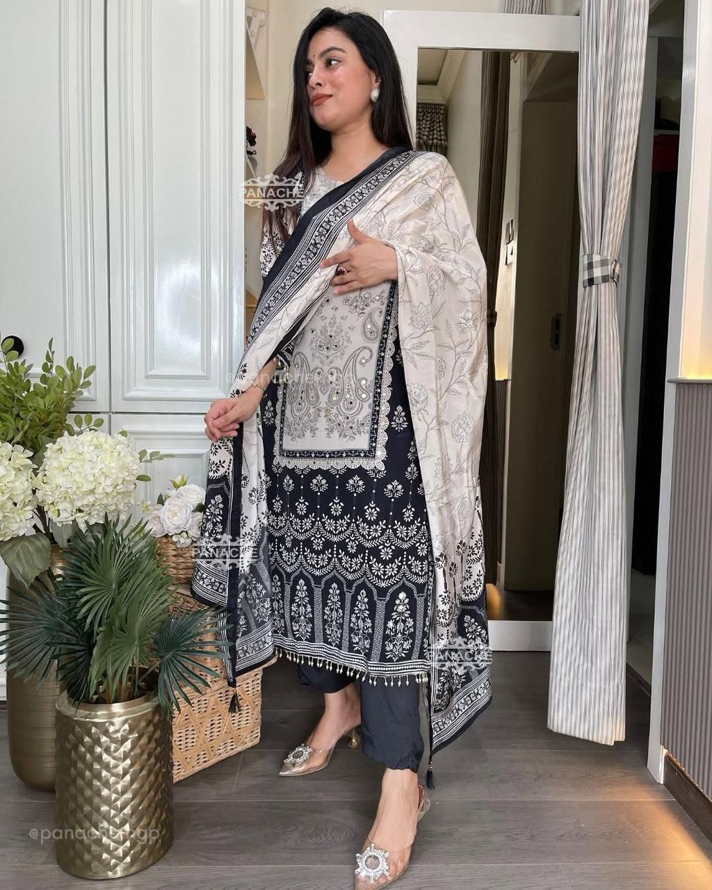 Premium Black and White Chinon Silk Salwar Suit with Premium Diamond Hand Work