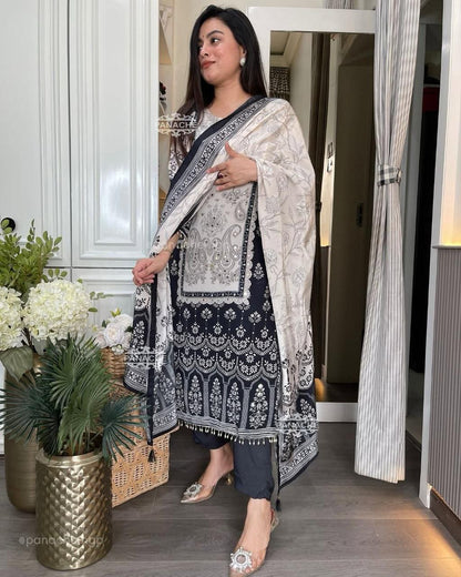 Premium Black and White Chinon Silk Salwar Suit with Premium Diamond Hand Work