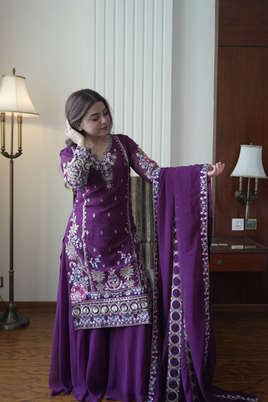 Elegant Wine Fox Georgette Designer Suit Set with Embroidered Dupatta