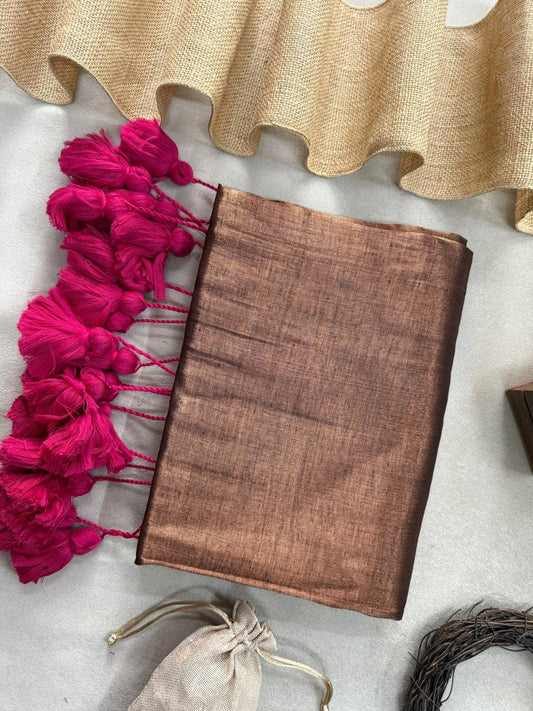 BROWN HANDLOOM RAGA TISSUE DUAL TONE SAREE WITH POM POM AND BLOUSE