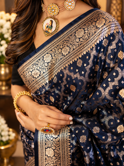 Festive Navy Blue Woven Soft Banarasi Silk Saree with Zari Border