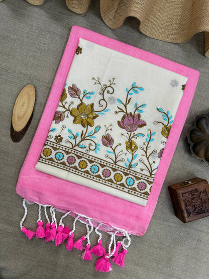 BABY PINK HANDLOOM COTTON SAREE WITH EMBROIDERY WORK BLOUSE