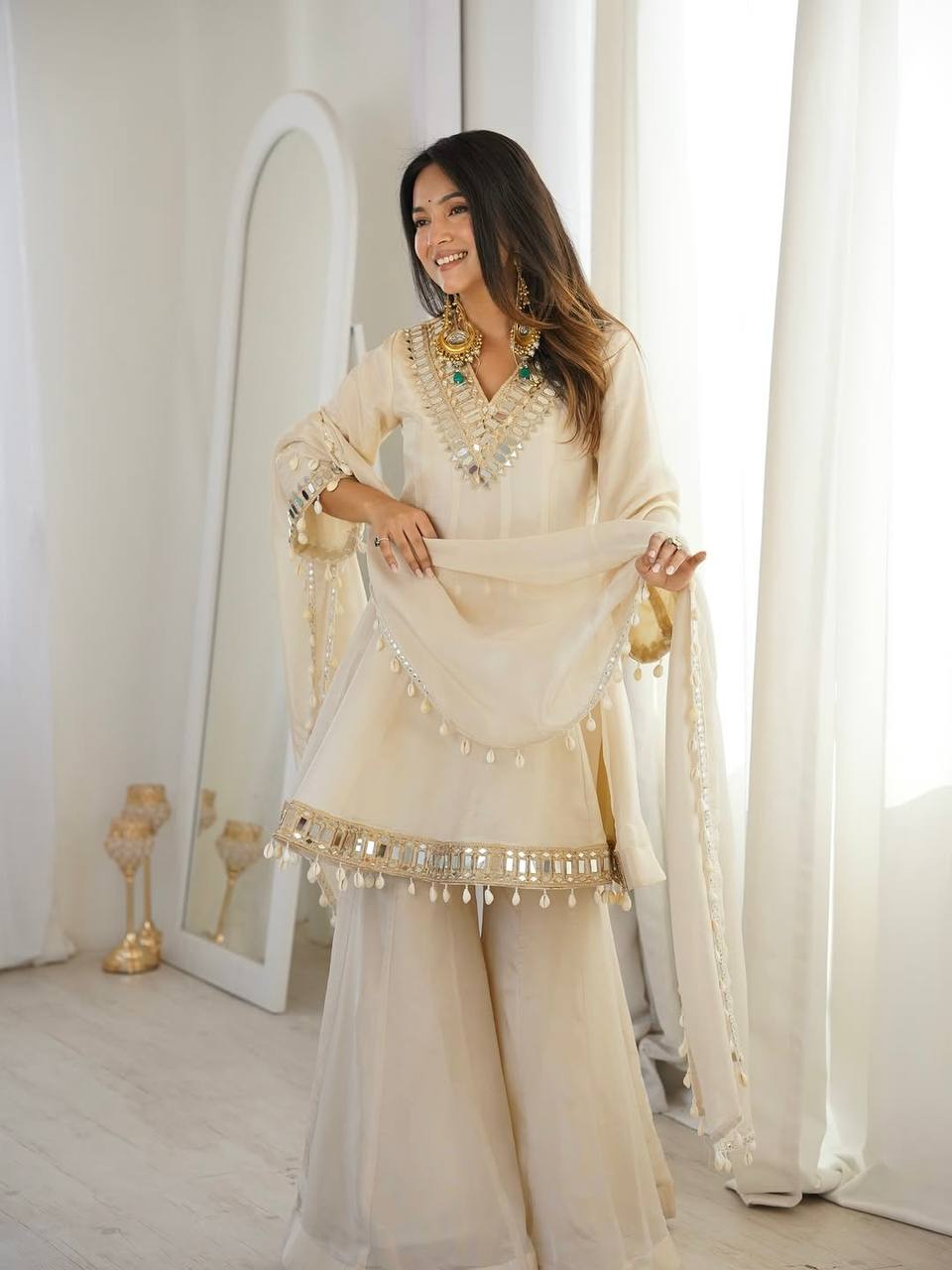 Tebby Organza Silk Peplum Sharara Set with Real Mirror Work Border