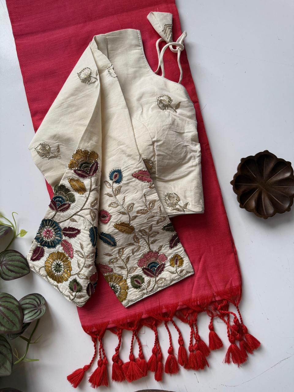 Dharma Exclusive - Pink Handloom Cotton Saree With Havy Embroidery Stitched Blouse