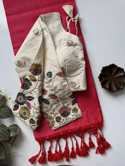 Dharma Exclusive - Pink Handloom Cotton Saree With Havy Embroidery Stitched Blouse