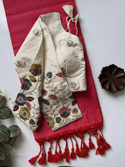 Dharma Exclusive - Pink Handloom Cotton Saree With Havy Embroidery Stitched Blouse