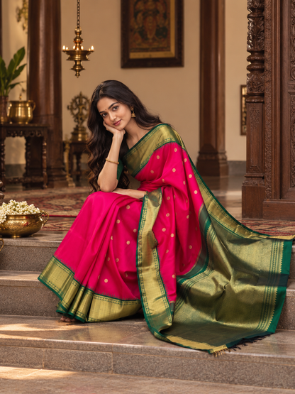 Festive Pink Kanjeevaram Silk Saree With Dark Green Border