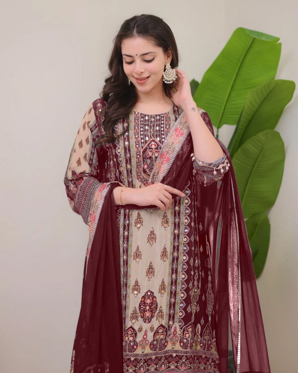 Designer Wine & Beige Shimmer Suit Set with Fancy Mirror Work