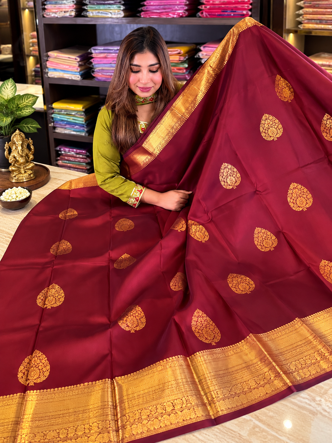 Festive Maroon Soft Banarasi Silk Saree with Elegant Gold Zari Paisley Motifs