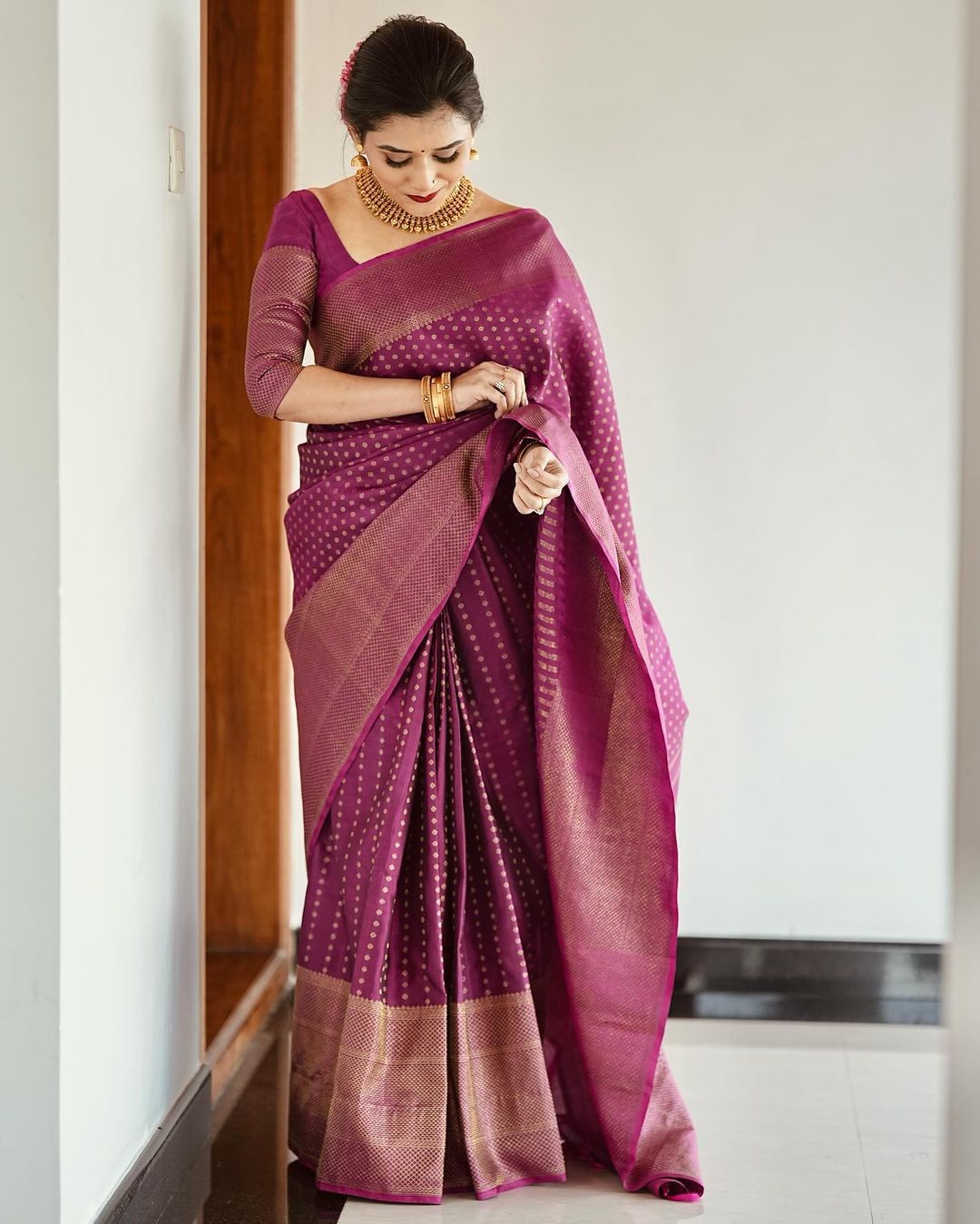 Purple Banarasi Classy Silk Saree With Copper Zari - Jacquard Blouse