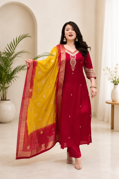 Very Attractive Berry Silk Suit Set with Kanjivaram Dupatta