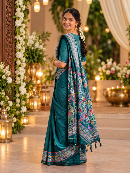 Elegant Teal Blue Handloom Soft Tussar Silk Saree with Elegant Pallu