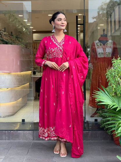 Premium Rani Pink Roman Silk Festive Angrakha Suit Set with Dupatta