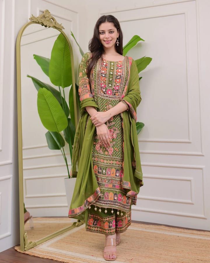 Attractive Mahendi Green Printed Model Satin Suit Set with Fancy Mirror Work