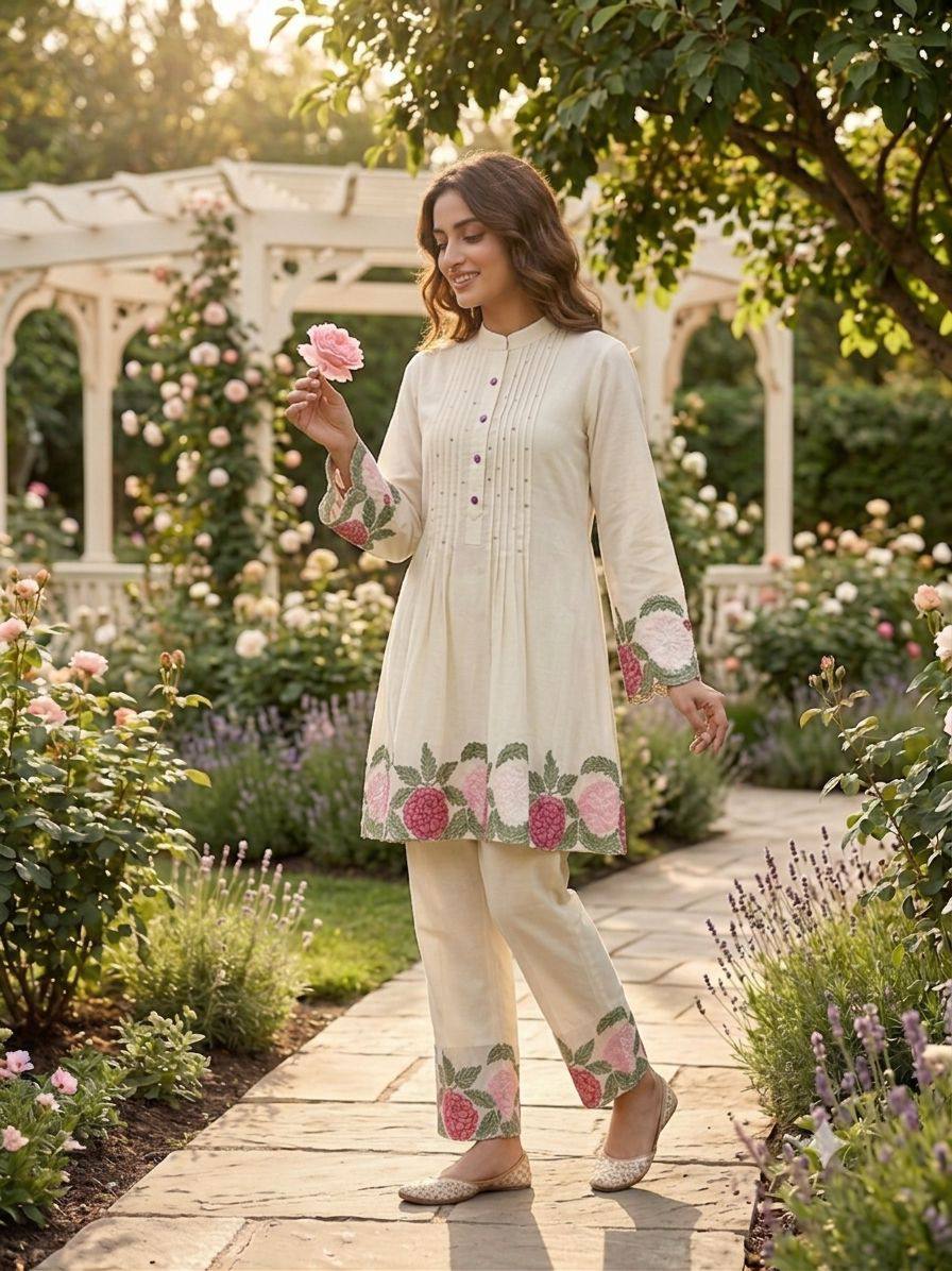 Premium Roman Silk Floral Embroidered Co-ord Suit Set