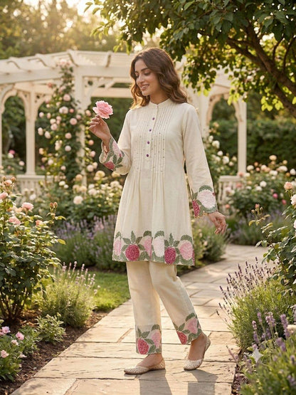 Premium Roman Silk Floral Embroidered Co-ord Suit Set