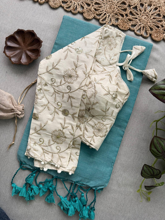 Beauty- C Green Handloom Cotton Saree With Havy Embroidery Work Stitched Blouse