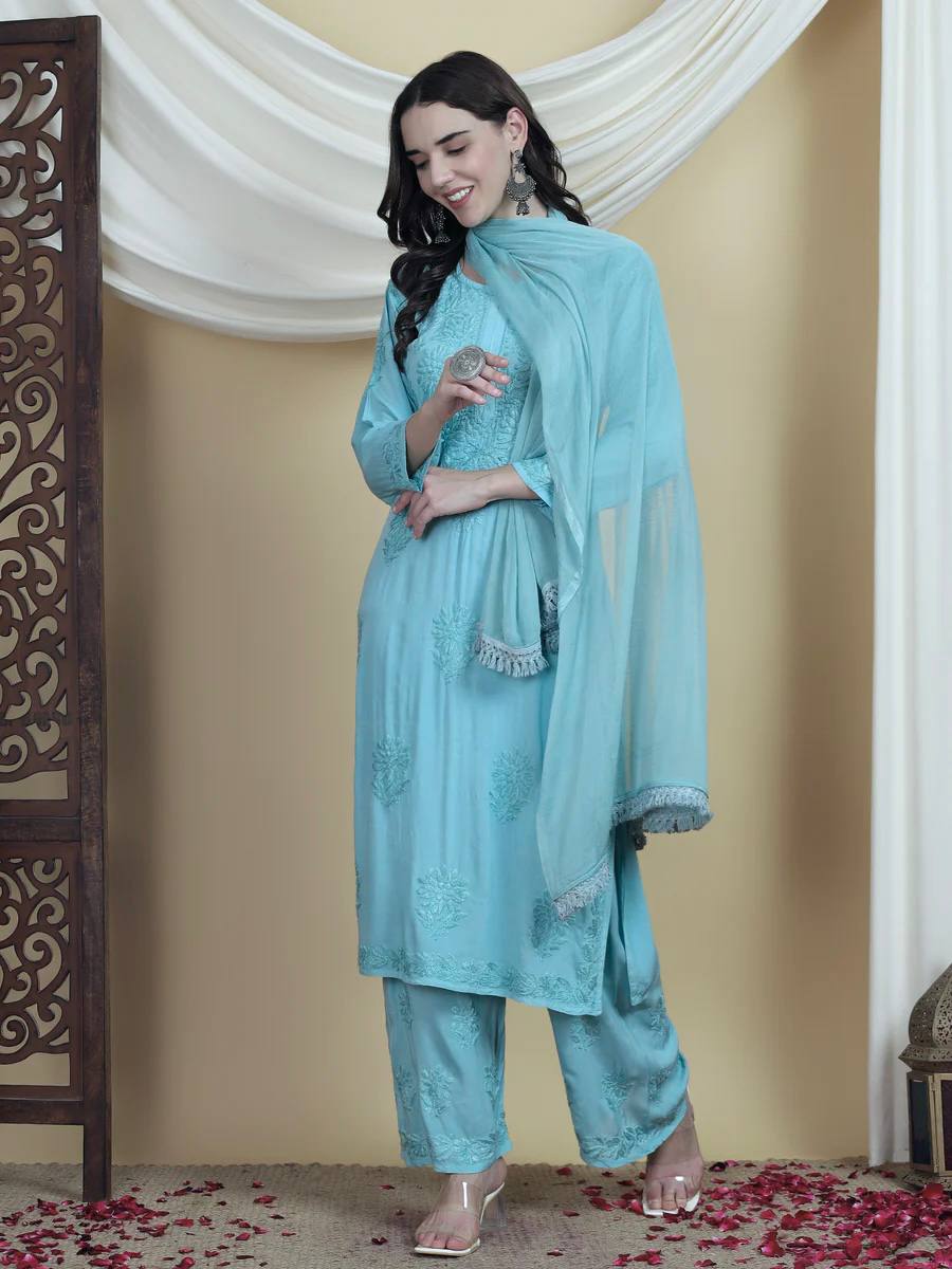 Elegant Sky Blue Rayon Embroidered Salwar Suit with Palazzo Pants