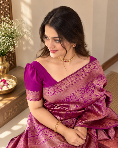 Elegant Magenta Purple Woven Soft Banarasi Silk Saree with Antique Blouse Piece