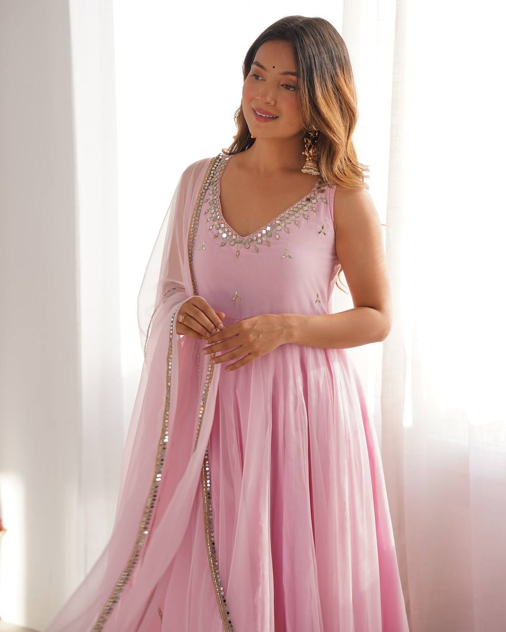 Blush Pink Faux Georgette Embroidered Anarkali Suit Set with Mirror Work Neckline