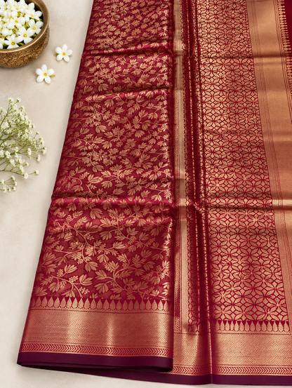 Royal Maroon Gold Zari Woven Banarasi Silk Saree With Transcendent Blouse Piece