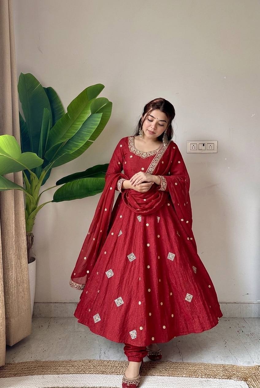 Festive Maroon Crunchy Silk Embroidered Anarkali Suit Set