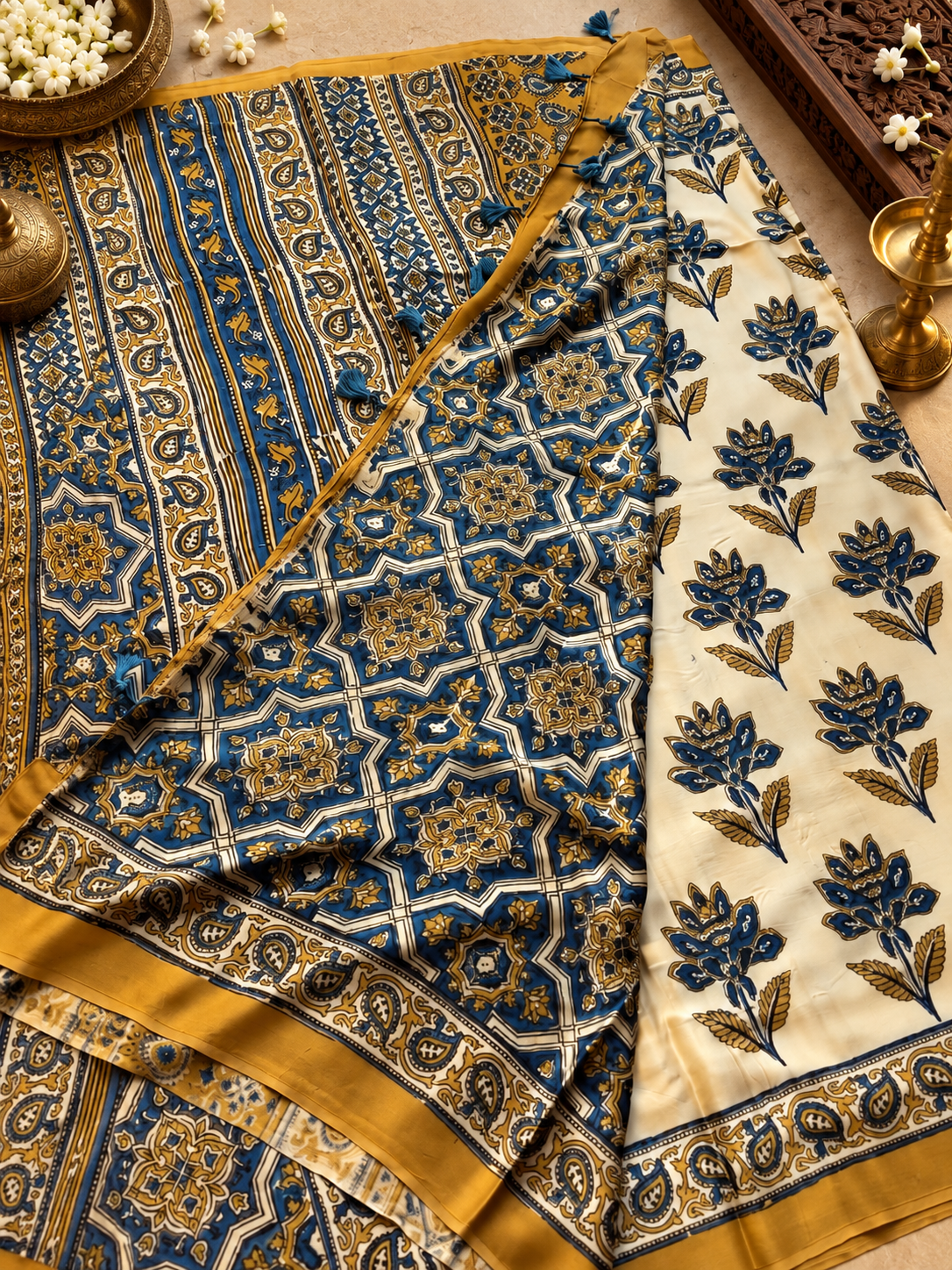 Elegant Cream & Mustard Yellow Floral Hand Block Printed Modal Silk Saree