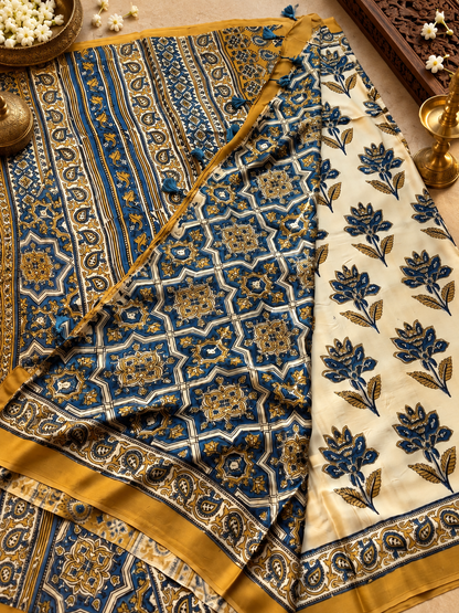 Elegant Cream & Mustard Yellow Floral Hand Block Printed Modal Silk Saree