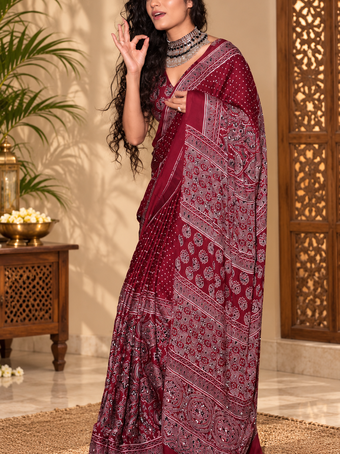 Elegant Traditional Ajrakh Block Printed Gajji Silk Saree With Real Mirror Work