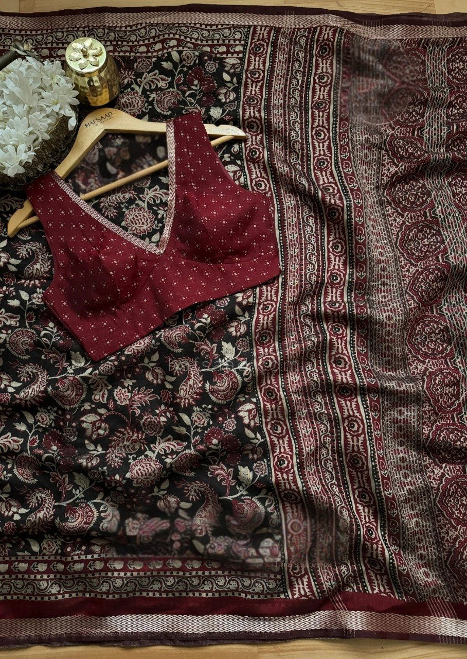 Elegant Premium Silk Cotton Kalamkari Print Saree with Zari Border