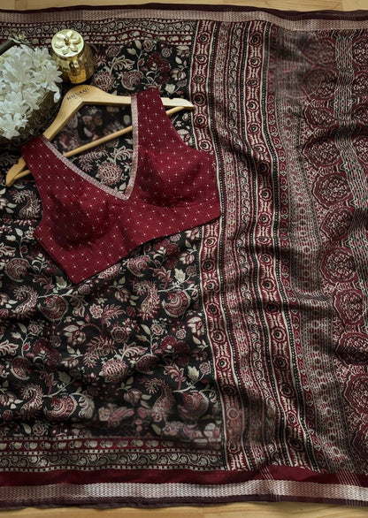 Elegant Premium Silk Cotton Kalamkari Print Saree with Zari Border