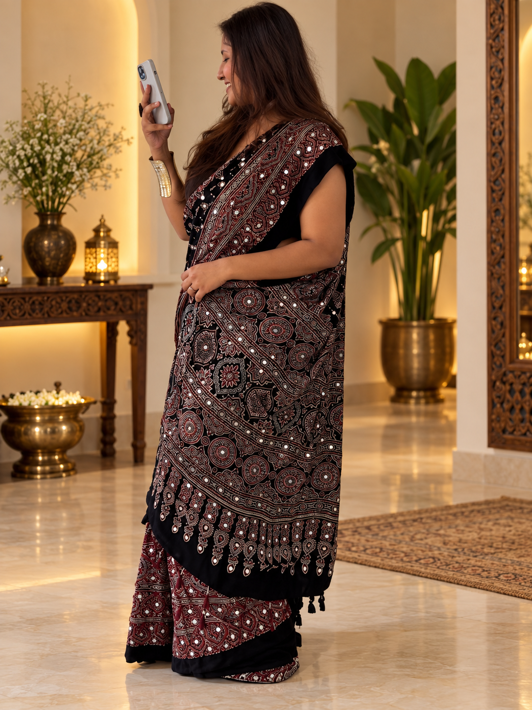 Elegant Black Ajrakh Hand-Block Printed Gajji Silk Saree with Tassels