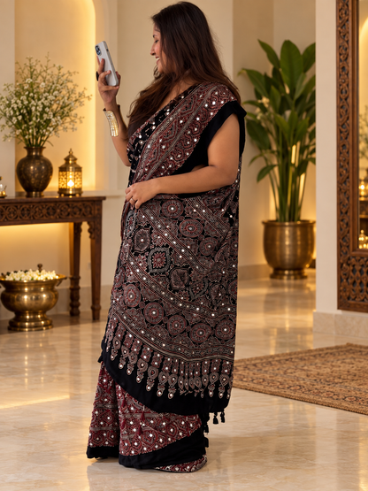 Elegant Black Ajrakh Hand-Block Printed Gajji Silk Saree with Tassels