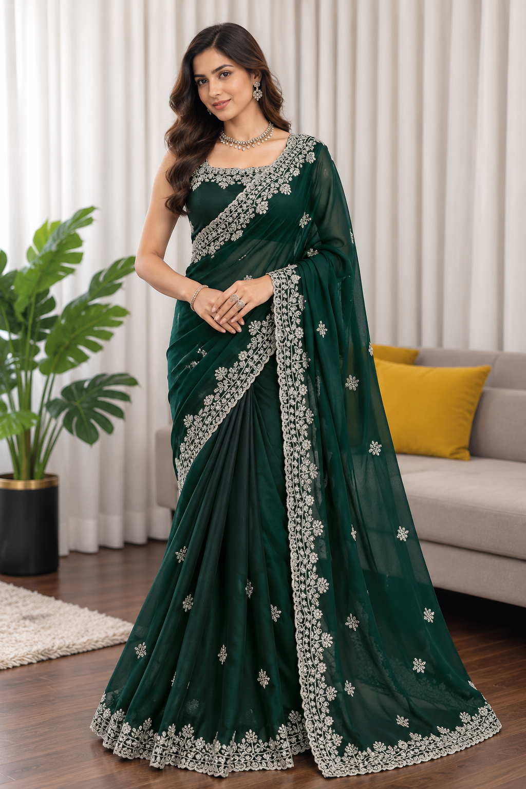Elegant Emerald Green Fendy Silk Saree