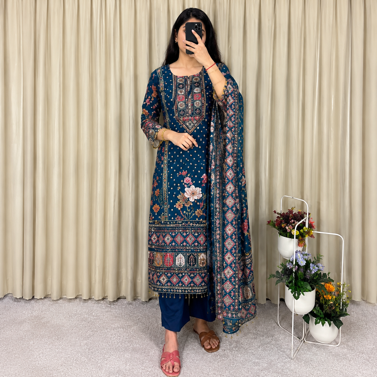 Attractive Prussian Blue Chinon Salwar Suit Set With Mirror Work