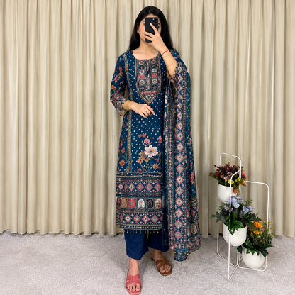 Attractive Prussian Blue Chinon Salwar Suit Set With Mirror Work