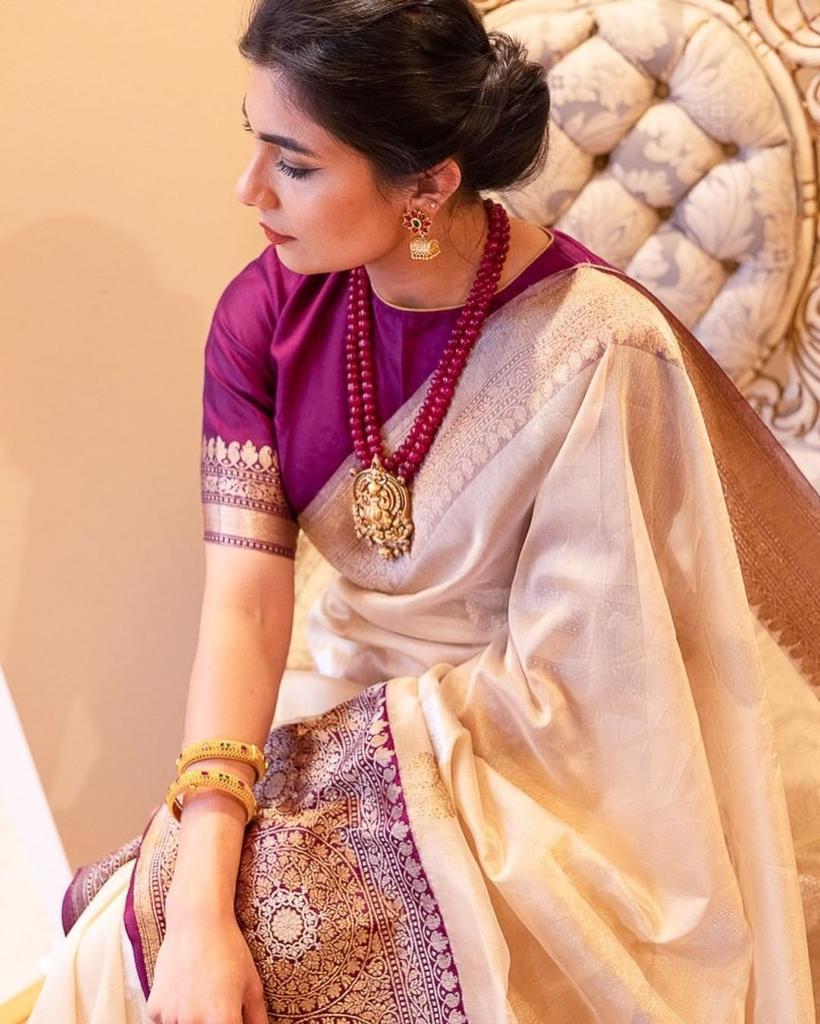 Beautiful Beige Soft Banarasi Silk Saree With Adorable Blouse Piece