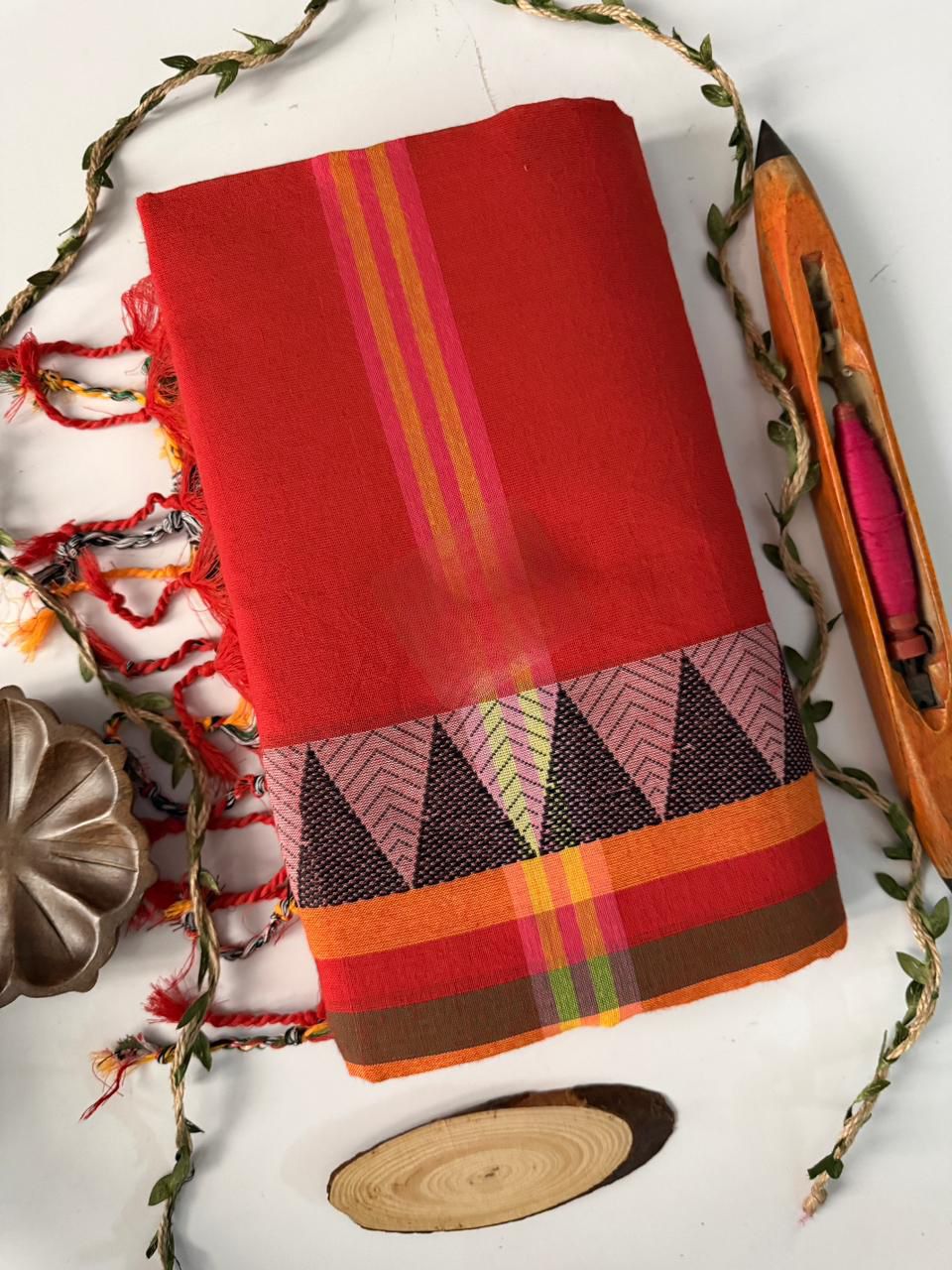 Red Handloom Narayanpet Pure Cotton Saree With Blouse