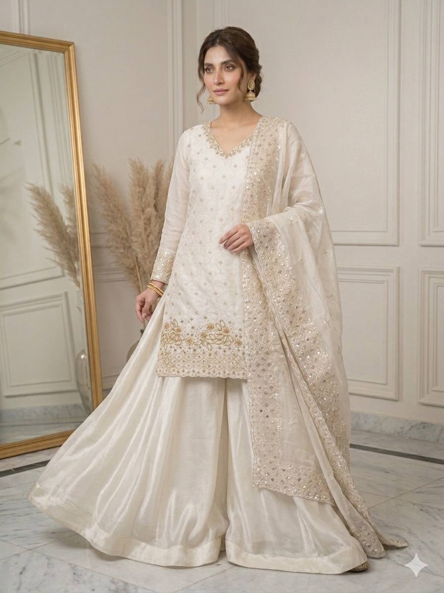 Elegant White Fendy Silk Sharara Suit Set with Sequence Embroidery Work