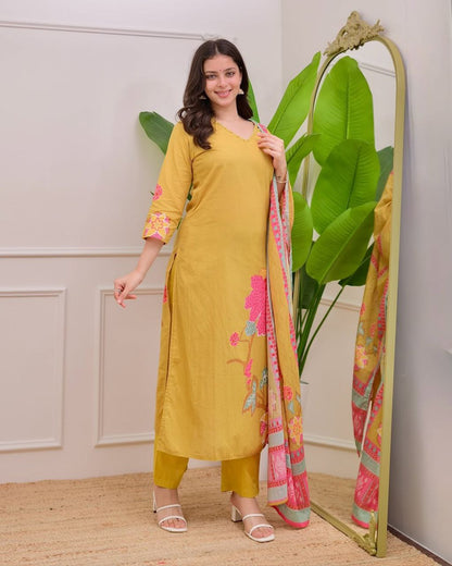 Designer Mustard Yellow Muslin Silk Suit Set with Premium Digital Floral Print