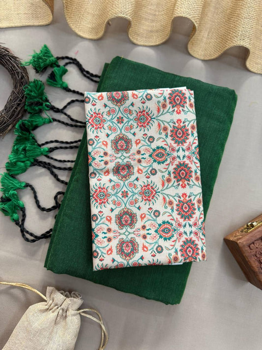 Pure Dark Green Handloom Cotton Saree With Paan Printed Blouse
