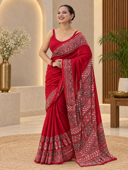 Awsome Red Silk Ajrakh Print Saree with Real Mirror Work