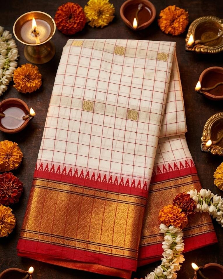 Exclusive White & Red Chex Woven Cotton Silk Saree With Gold Zari Waving Work