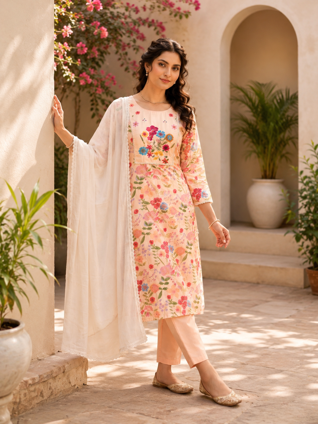 Catchy Peach Blossom Pure Linen Cotton Embroidered Suit Set