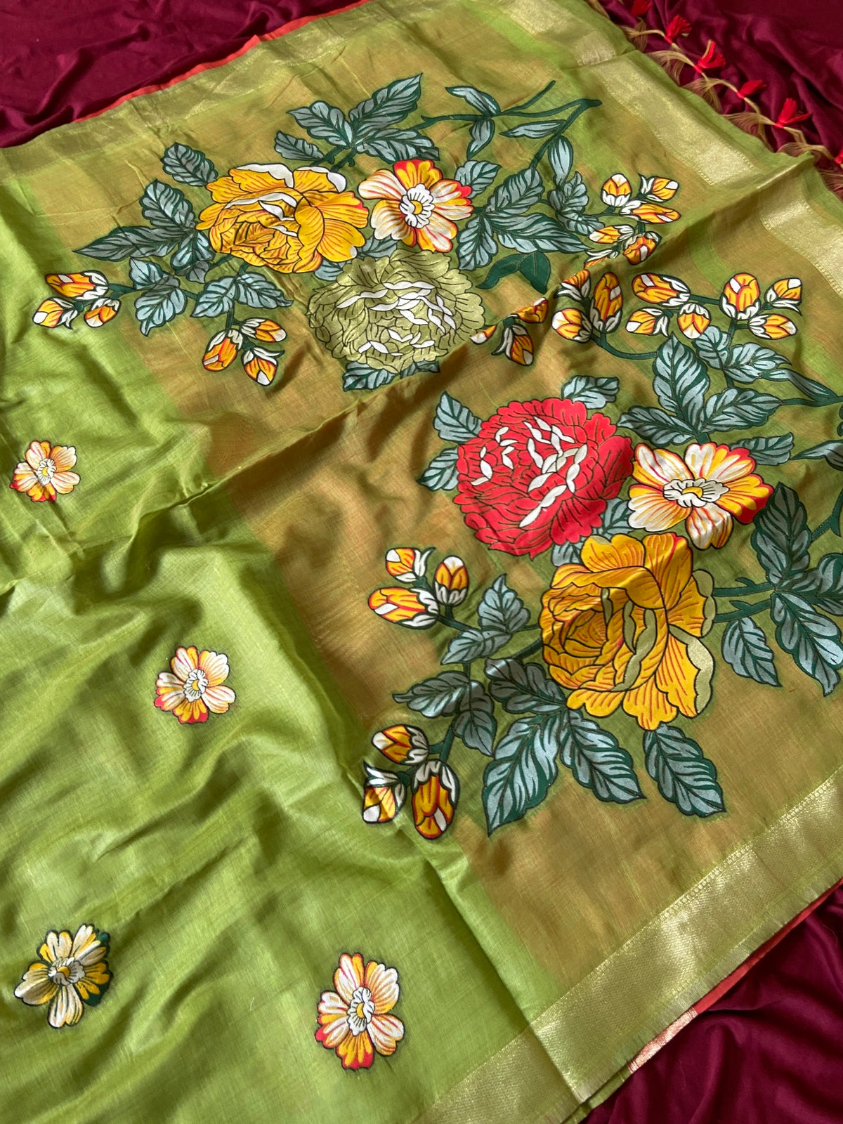 Festive Olive Green Soft Muga Cotton Resham Weaving Saree