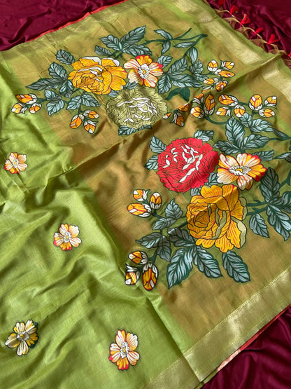 Festive Olive Green Soft Muga Cotton Resham Weaving Saree